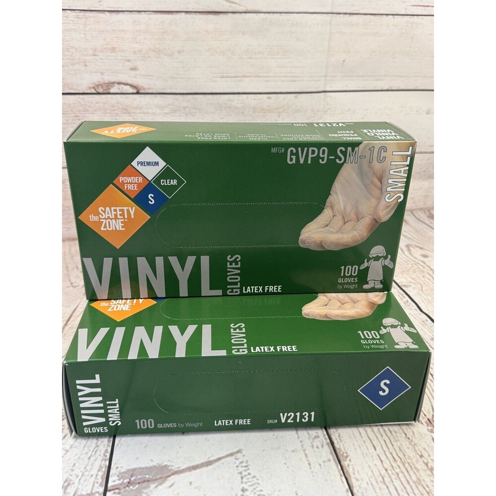 2-PK Safety Zone Clear Vinyl Gloves Small Powder-Free Disposable 100 Count Box